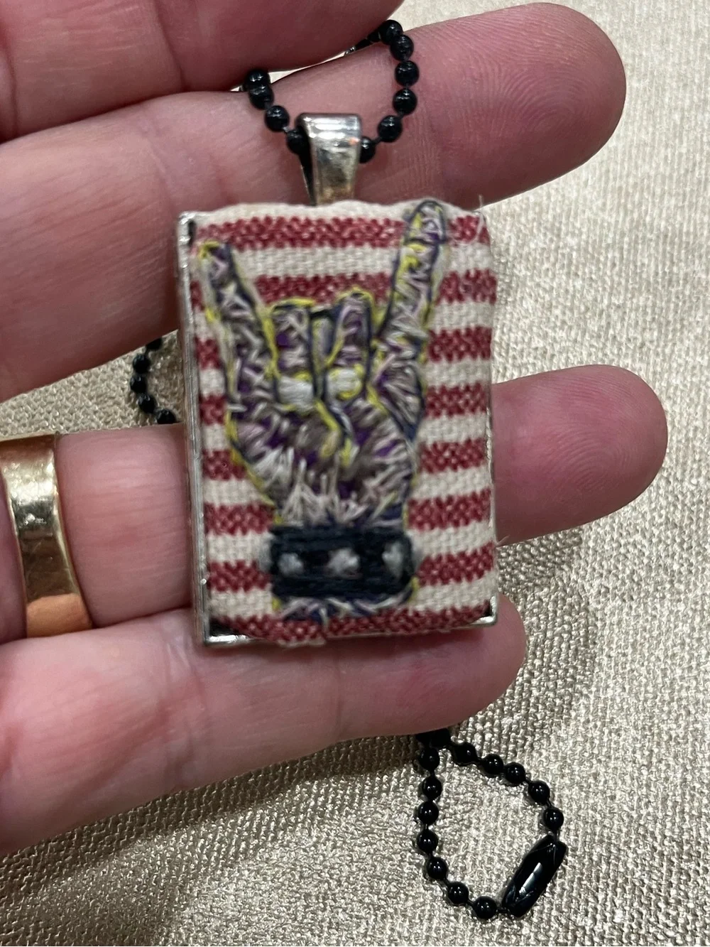 Hail Satan Hook em hand embroidered pendant and necklace